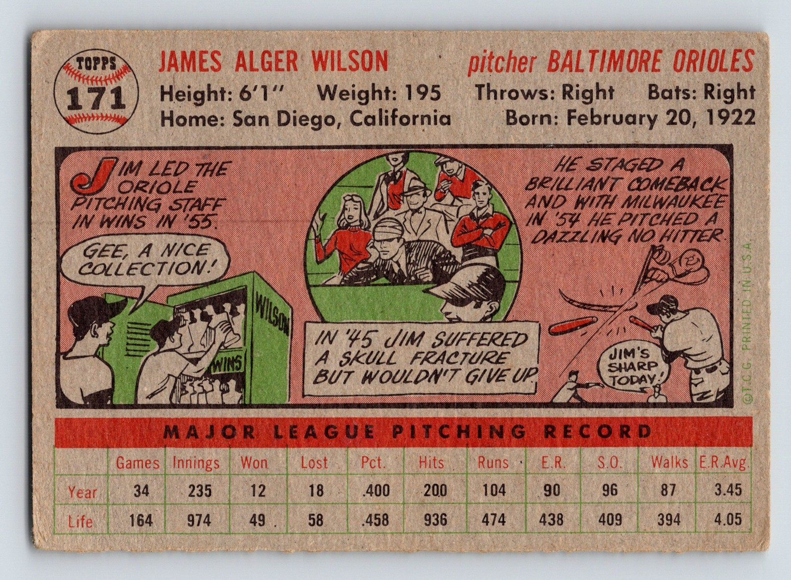 1956 Topps #171a Jim Wilson : White Back