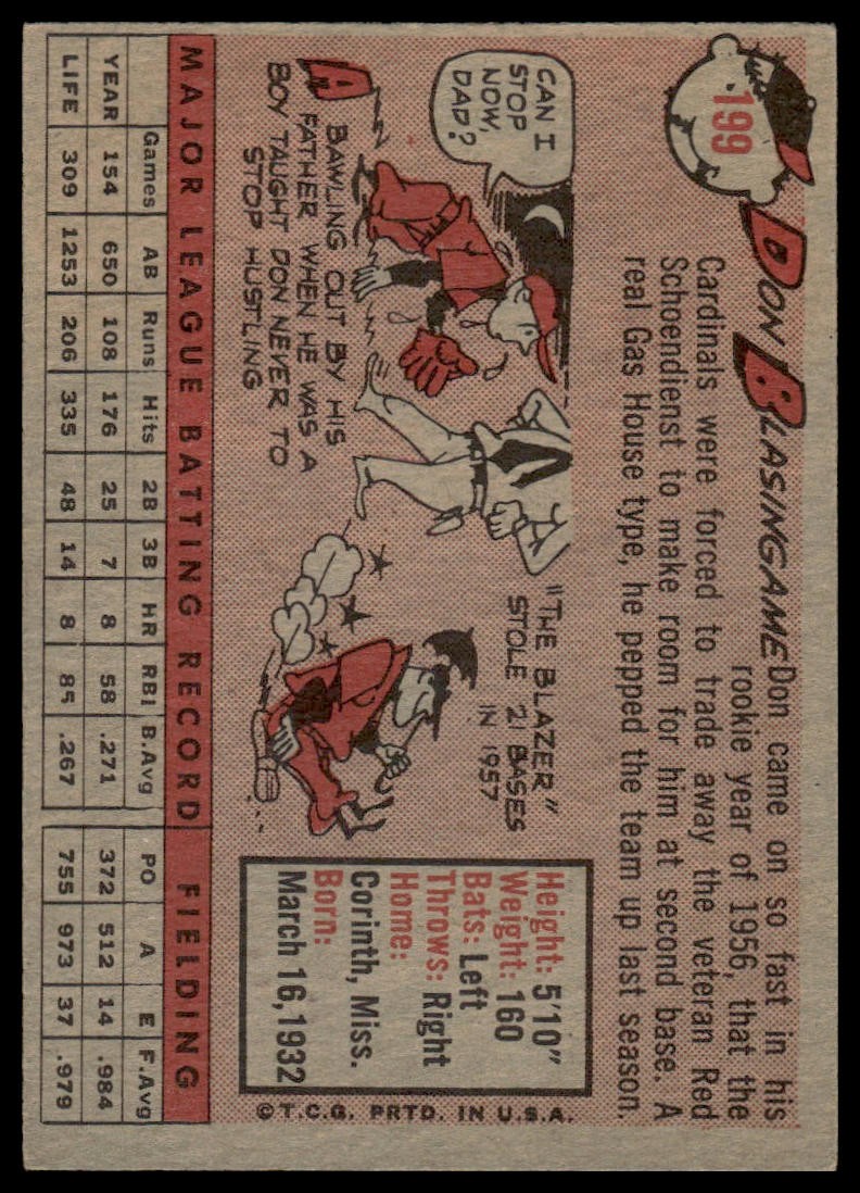 1958 Topps Don Blasingame #199 St. Louis Cardinals – Excellent