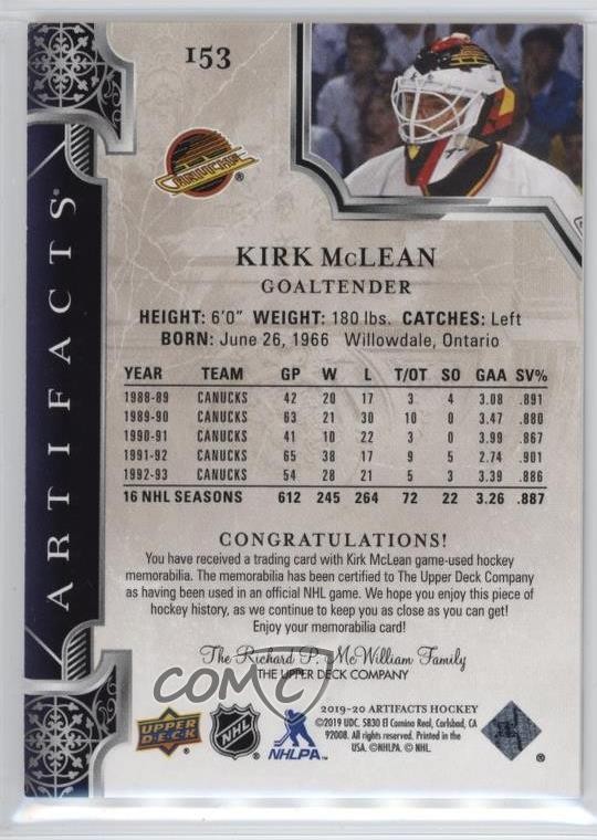 2019-20 Upper Deck Artifacts Legends Gold Material 63/99 Kirk McLean #153 1sr1