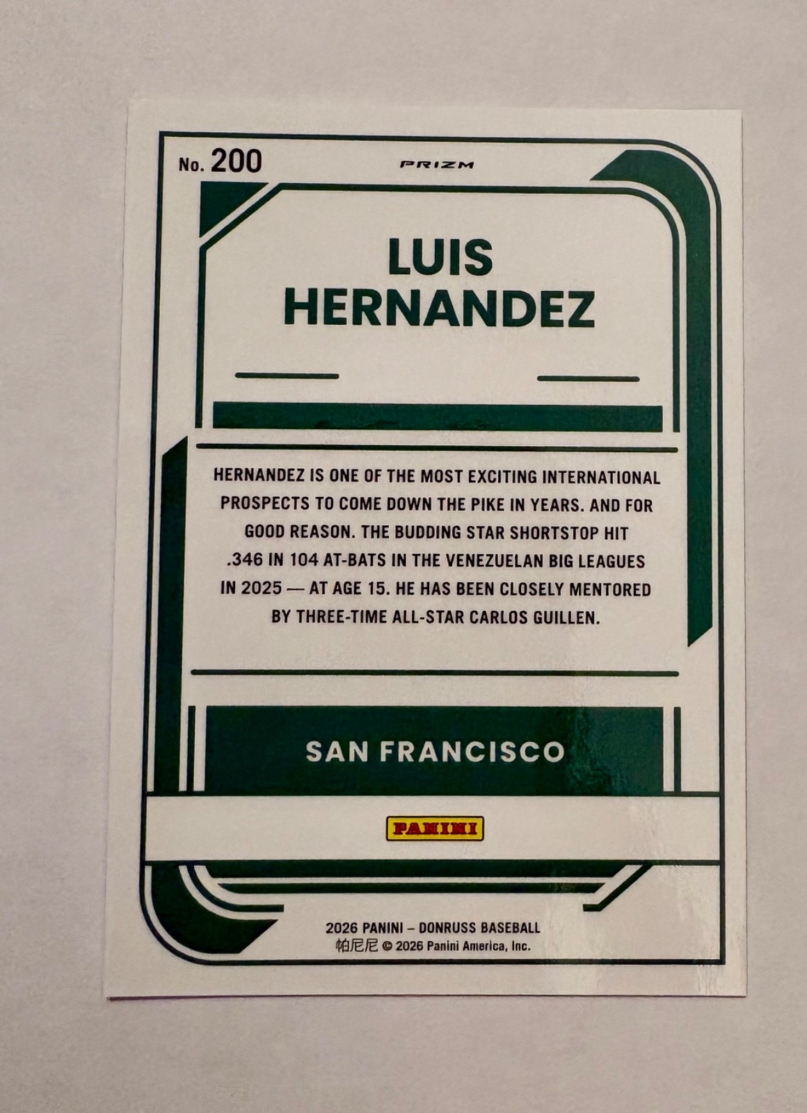 2026 Donruss Optic Luis Hernandez Silver Holo Prizm #200 Rated Prospect