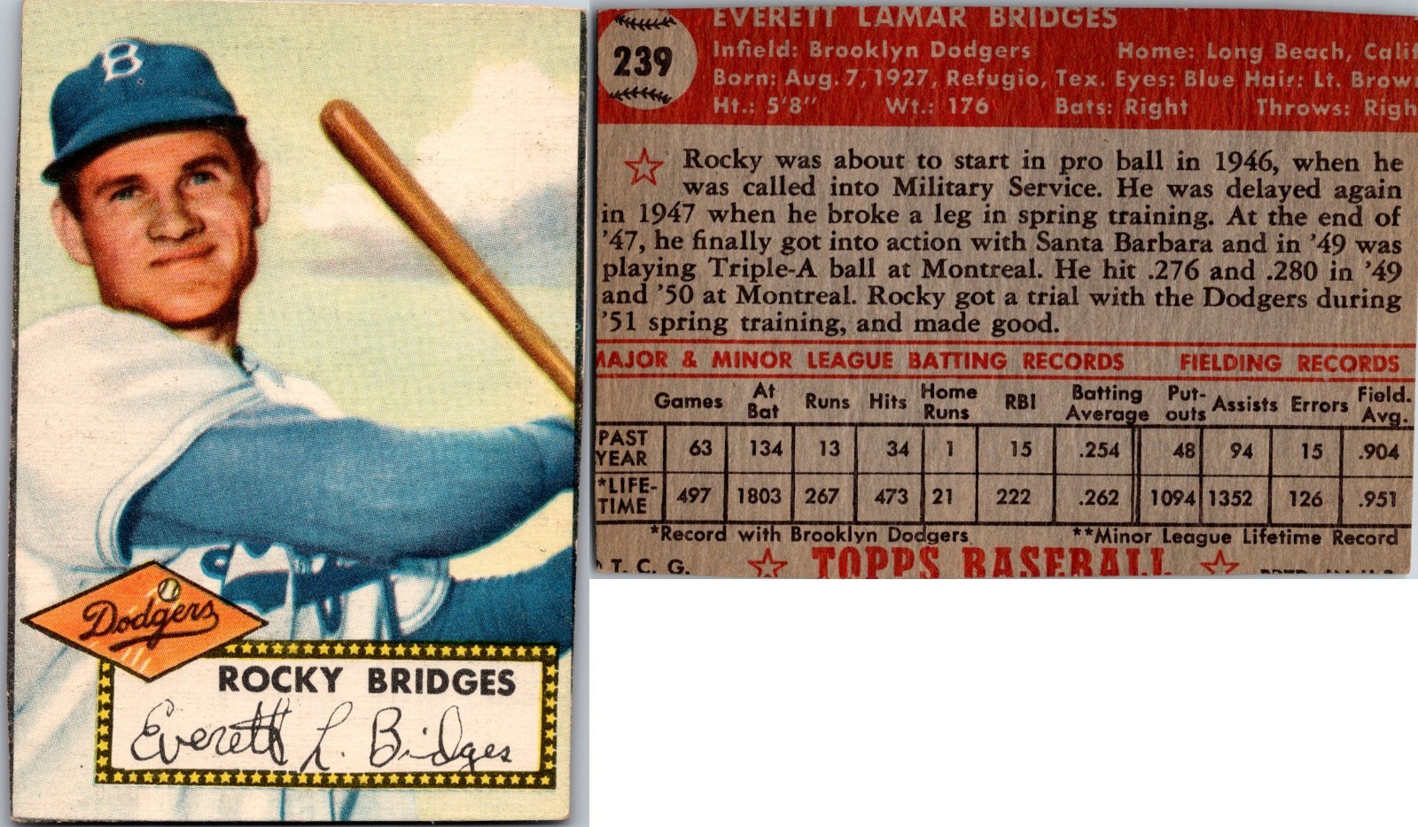 1952 Topps Rocky Bridges #239 Brooklyn Dodgers LOW GRADE – TRIMMED – NO CREASES