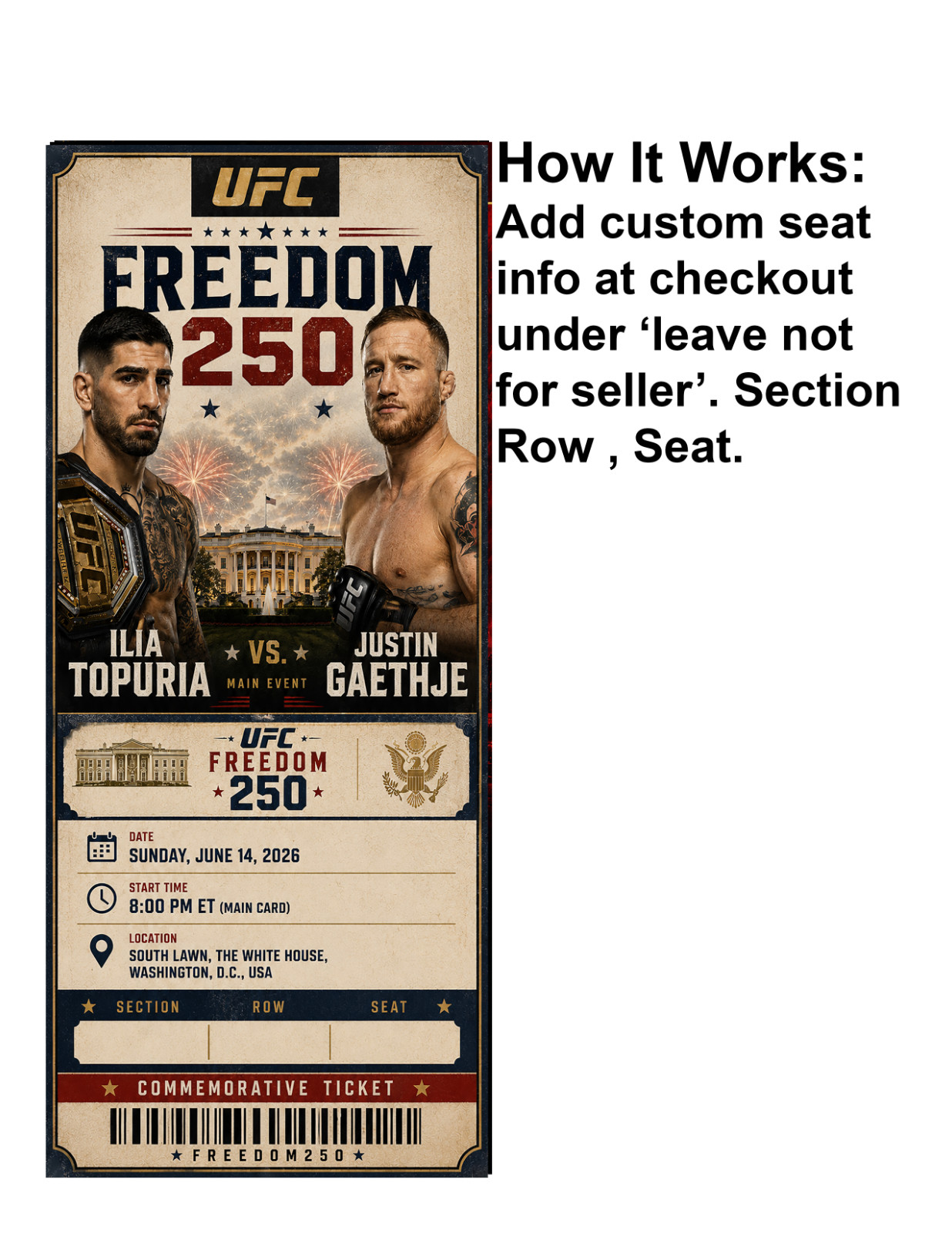 UFC Freedom 250 Ilia Topuria vs. Justin Gaethje Commemorative Ticket Stub Custom