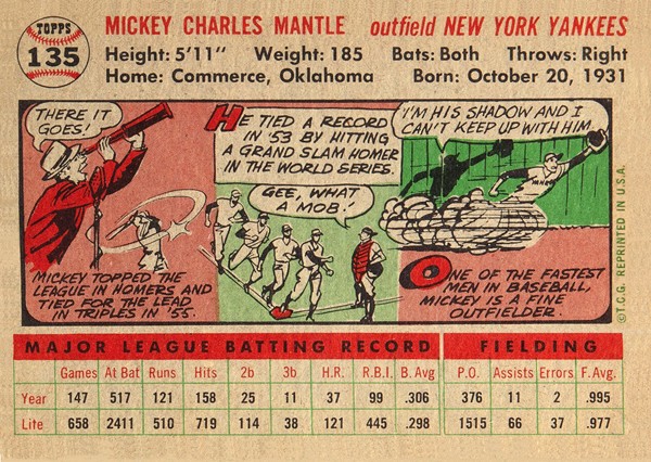 1956 Topps #135 Mickey Mantle New York Yankees Baseball Card REPRODUCTION NEW