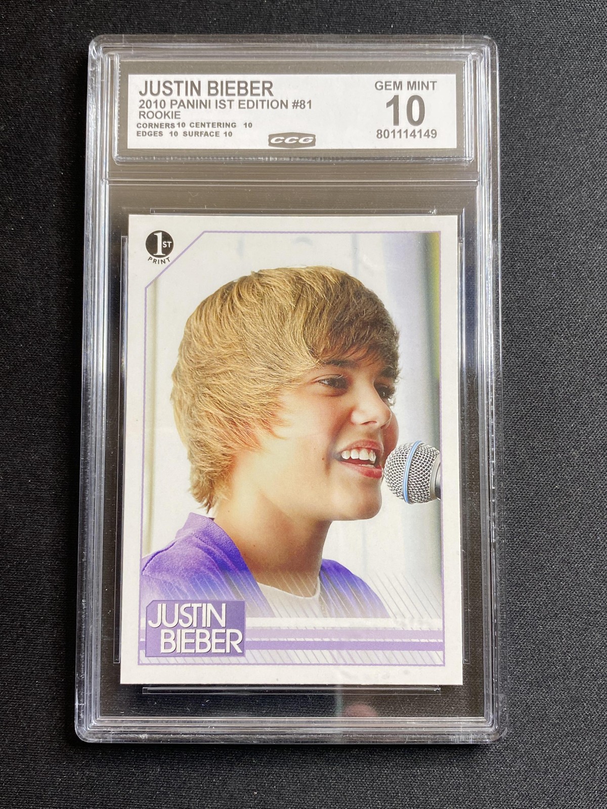 Justin Bieber 2010 Panini 1st Edition 81 Rookie CCG 10 RC