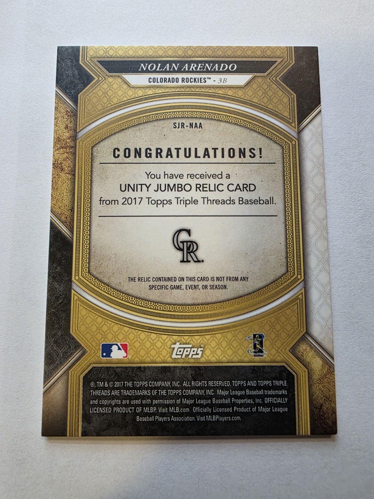 2017 Topps Triple Threads – Single Jumbo Relics Nolan Arenado #SJR-NAA /27 (MEM)
