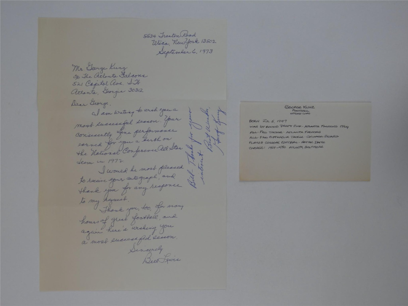 George Kunz Signed 7.25×10.5 Letter Autographed Atlanta Falcons To Bill