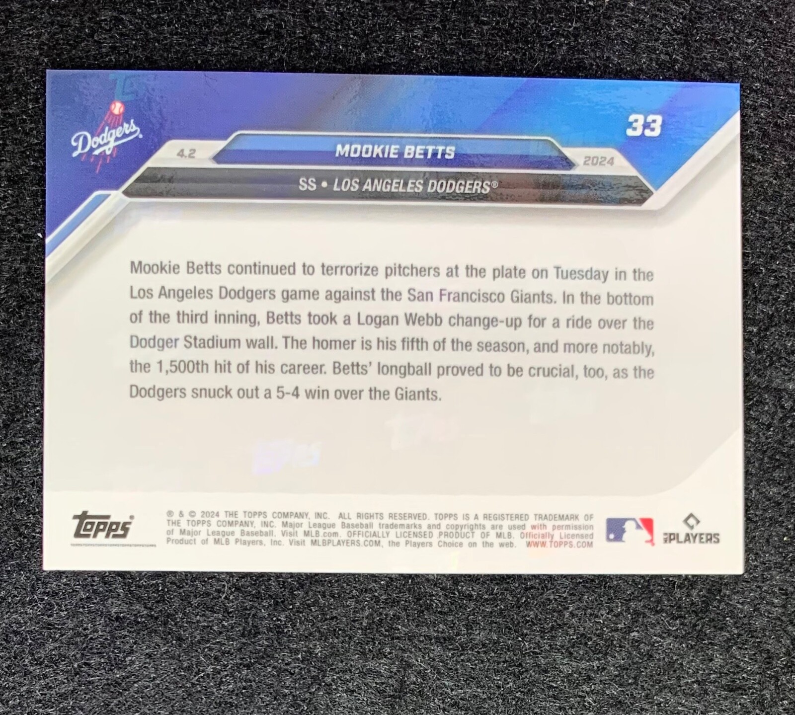 2024 TOPPS NOW #33 Mookie Betts Tallies 1,500th Career Hit with Massive HR