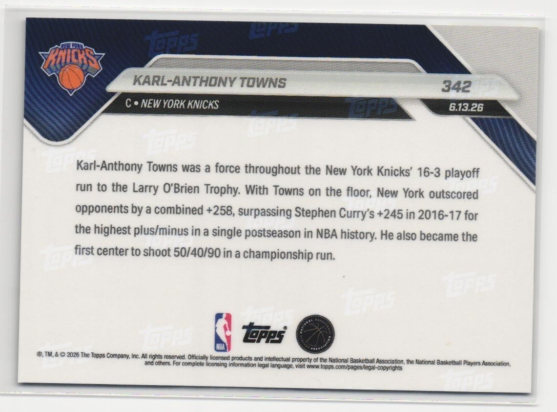 2025-26 NBA Topps NOW #342 Karl-Anthony Towns – FINALS CHAMPIONS