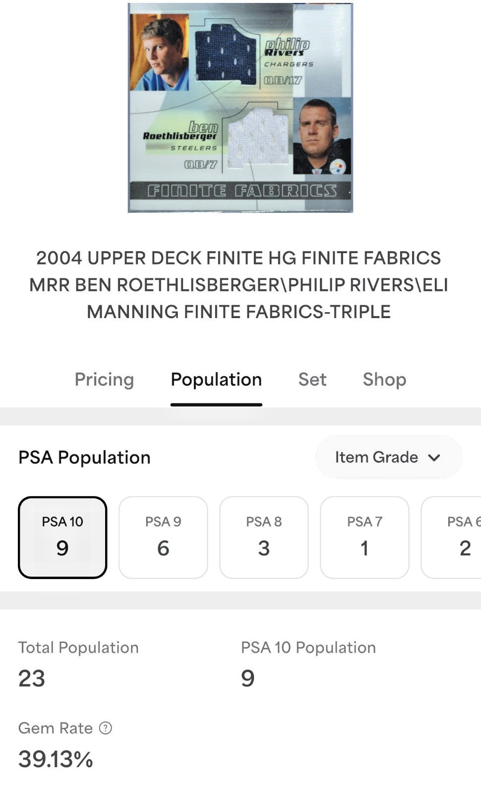 2004 UD Eli Manning Rivers Roethlisberger Triple Rookie Patch RC PSA 10 POP 9