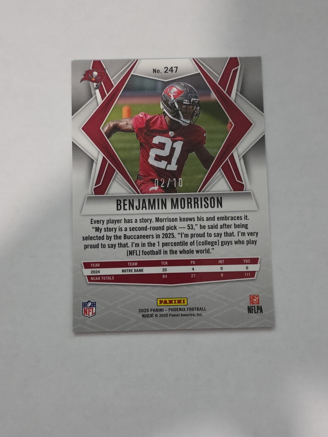 2025 Panini Phoenix Rookies Benjamin Morrison #247 Colorburst /10 TB Buccaneers