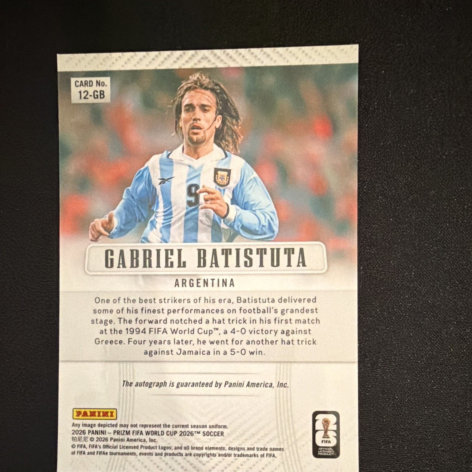Panini 2026 Prizm FIFA World Cup Gabriel Batistuta Auto Insert #12-GB