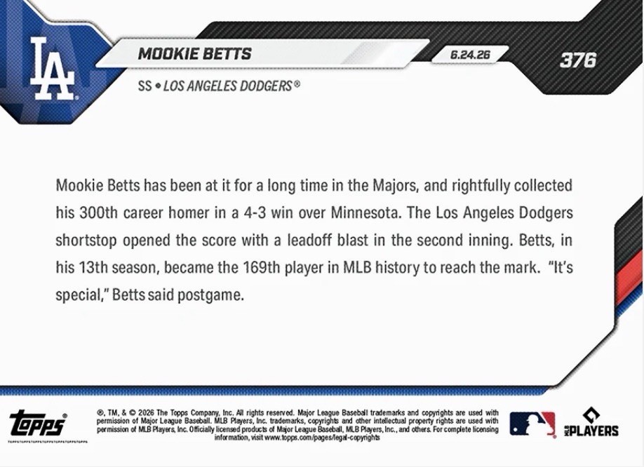 💥2026 Topps Now #376💥MOOKIE BETTS 300th Career Homer – Presale – Dodgers