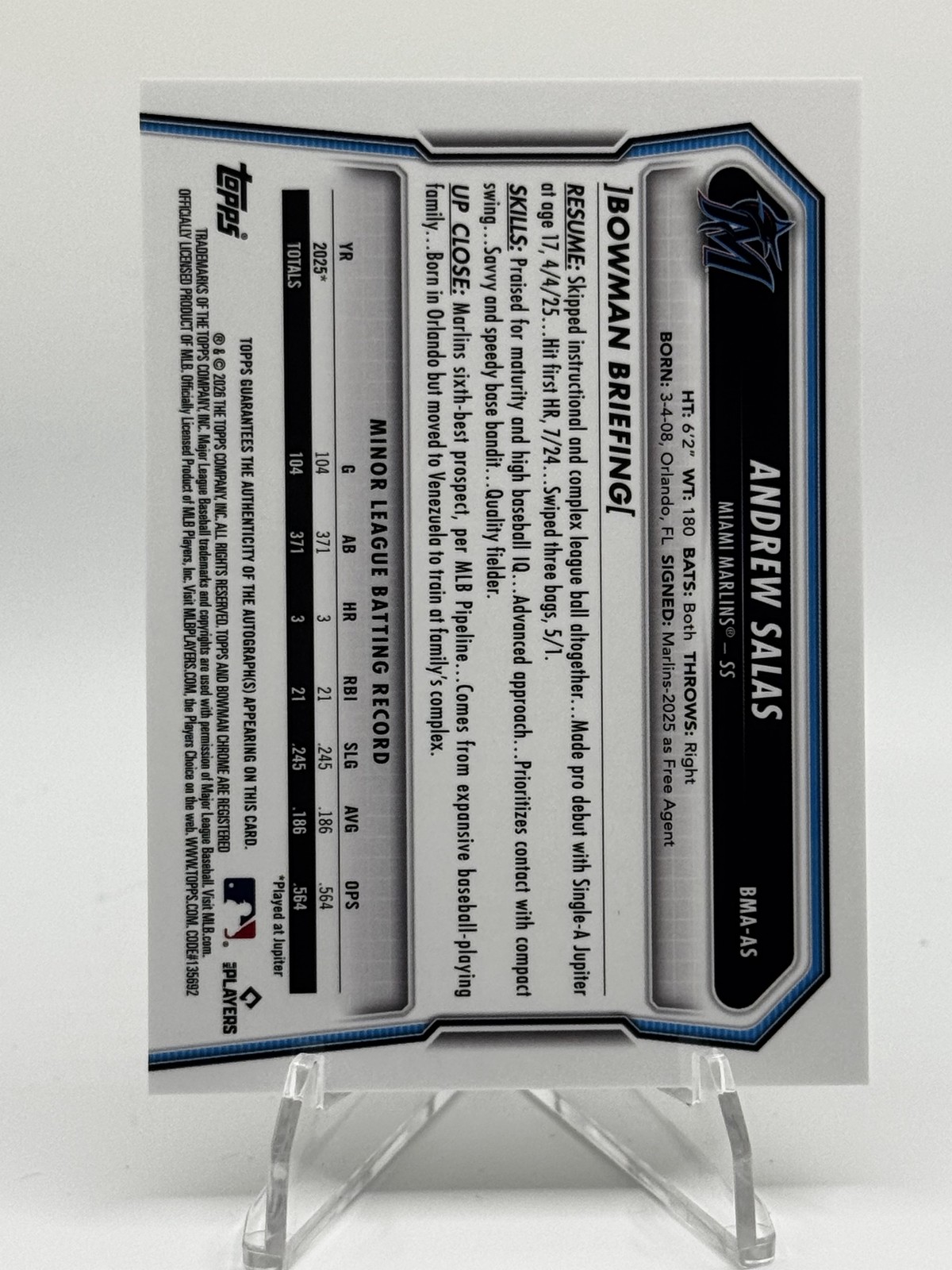 2026 Bowman #BMA-AS Andrew Salas Chrome Autographs Mojo Refractors Marlins