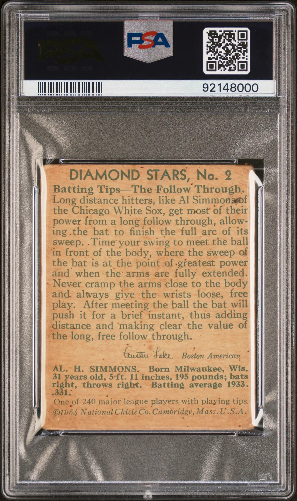1934 Diamond Stars Al Simmons #2 PSA 1