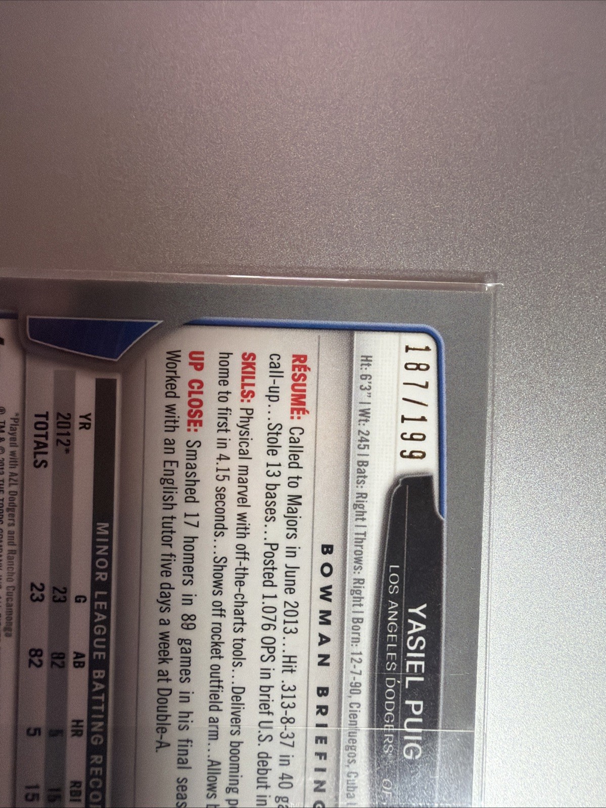 2013 Bowman Chrome – Yasiel Puig #78 Purple Refractor /199 (RC)