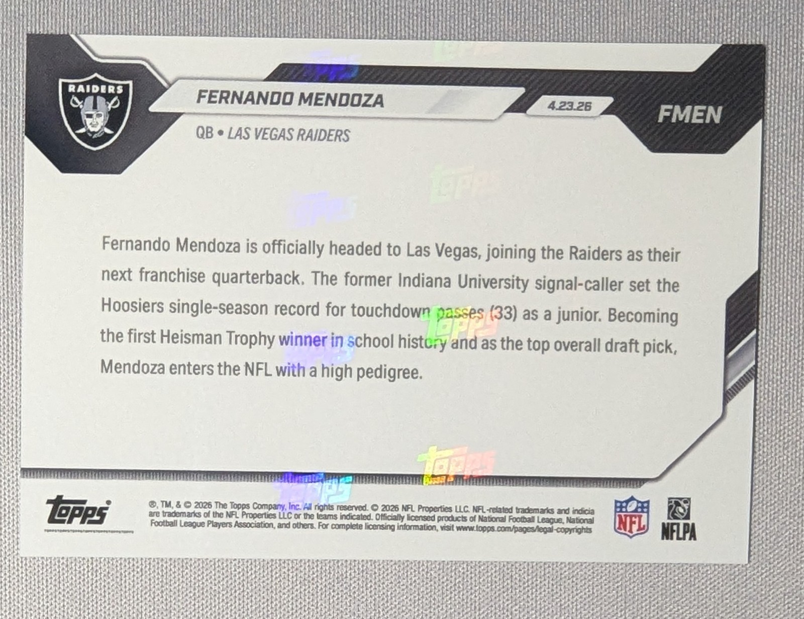 2026 Topps NOW Fernando Mendoza 1st Overall Draft Selection NFL Raiders FMEN