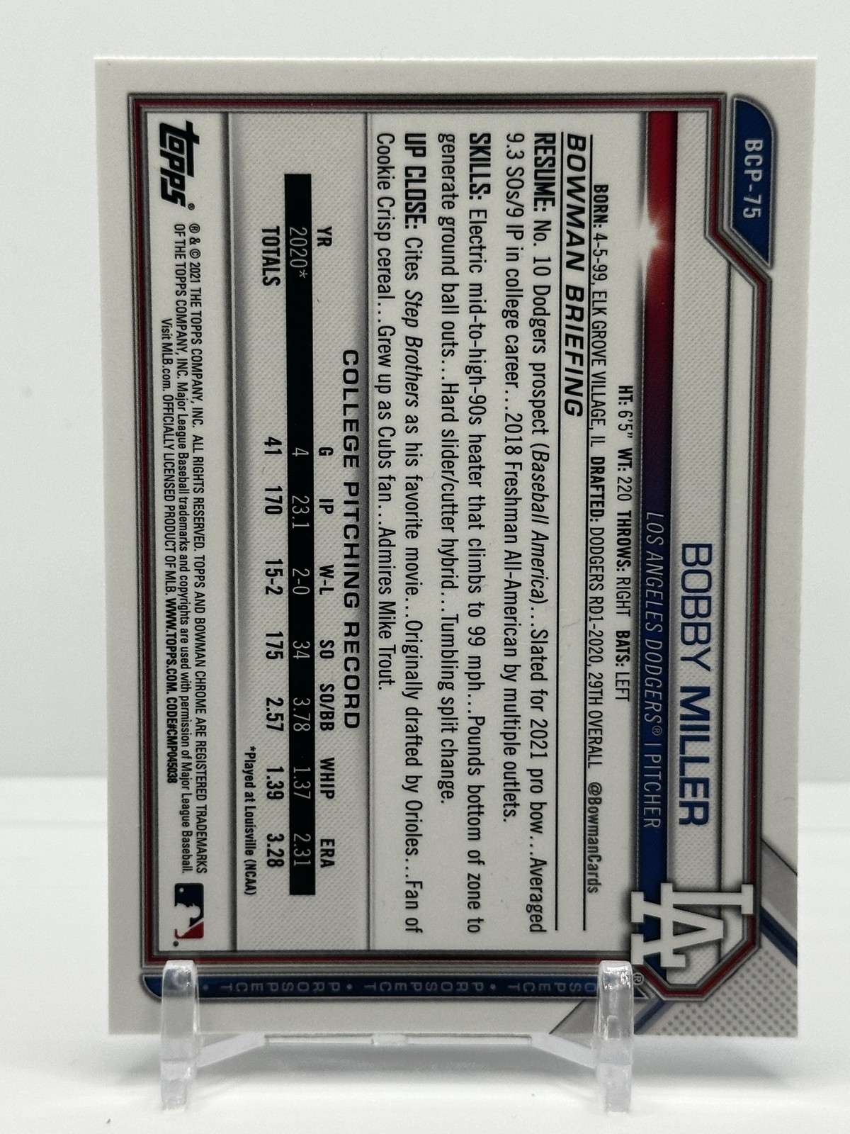 2021 Bowman Sapphire Edition Bobby Miller #BCP-75 Los Angeles Dodgers