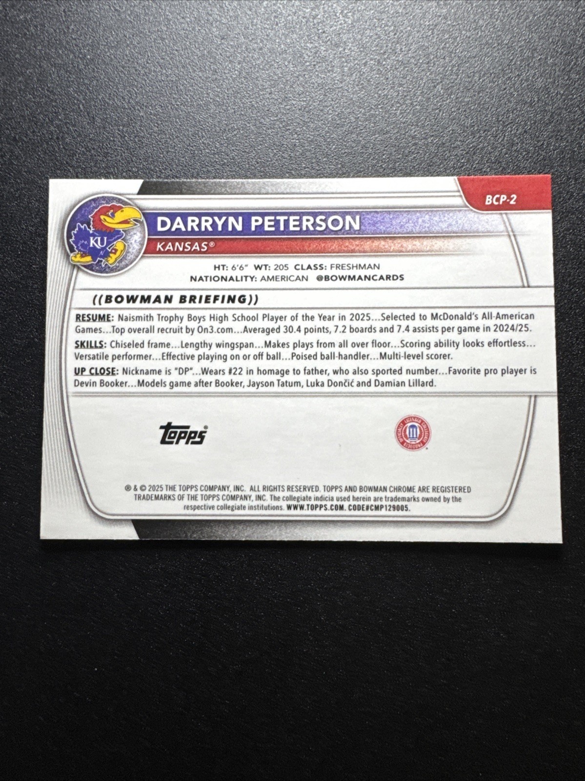 2025-26 Bowman Basketball Darryn Peterson #BCP-2 Reptilian Refractor KANSAS