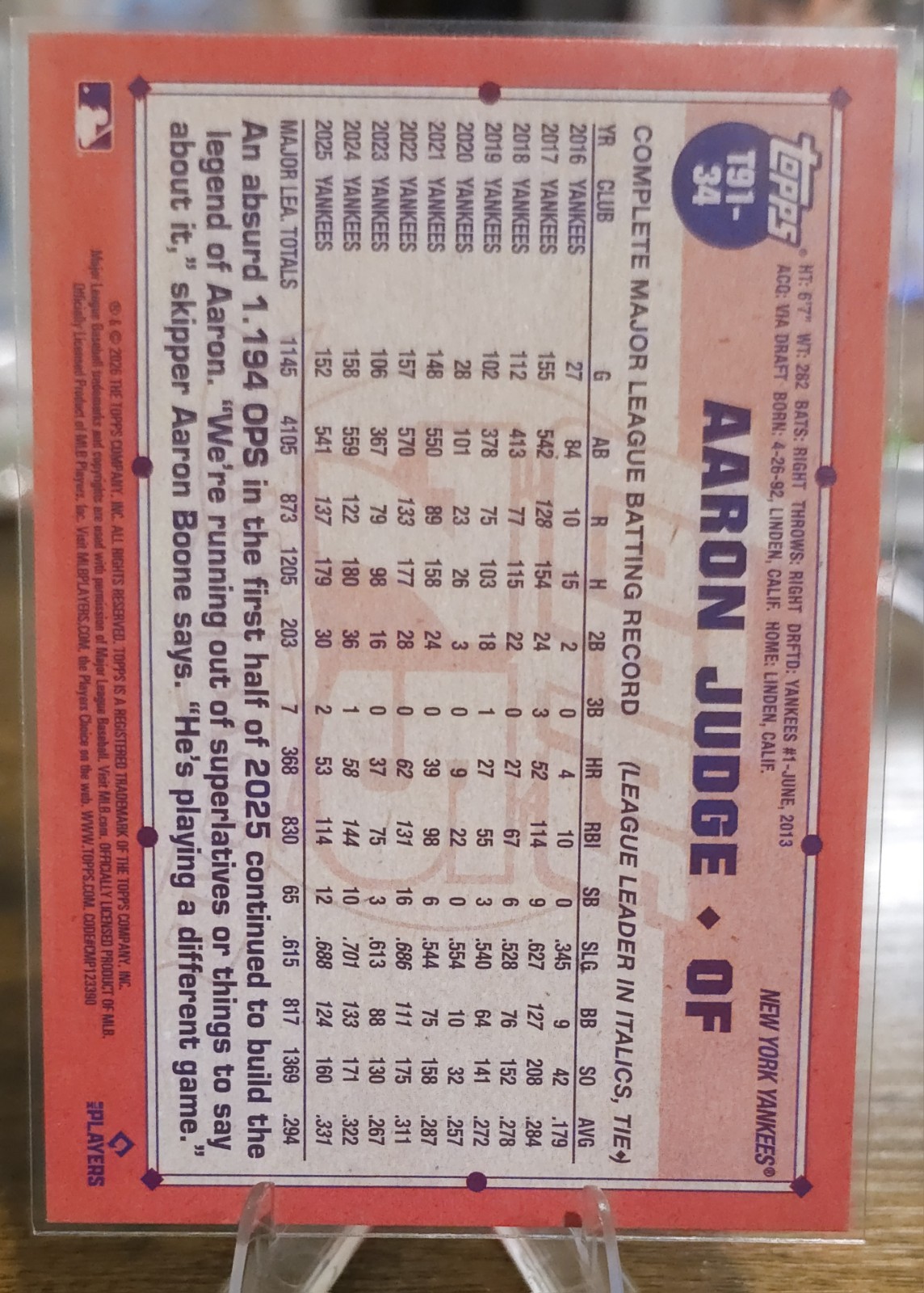 2026 Topps Baseball Series 1 Aaron Judge T91-34 75 Yrs Of Baseball Yankees