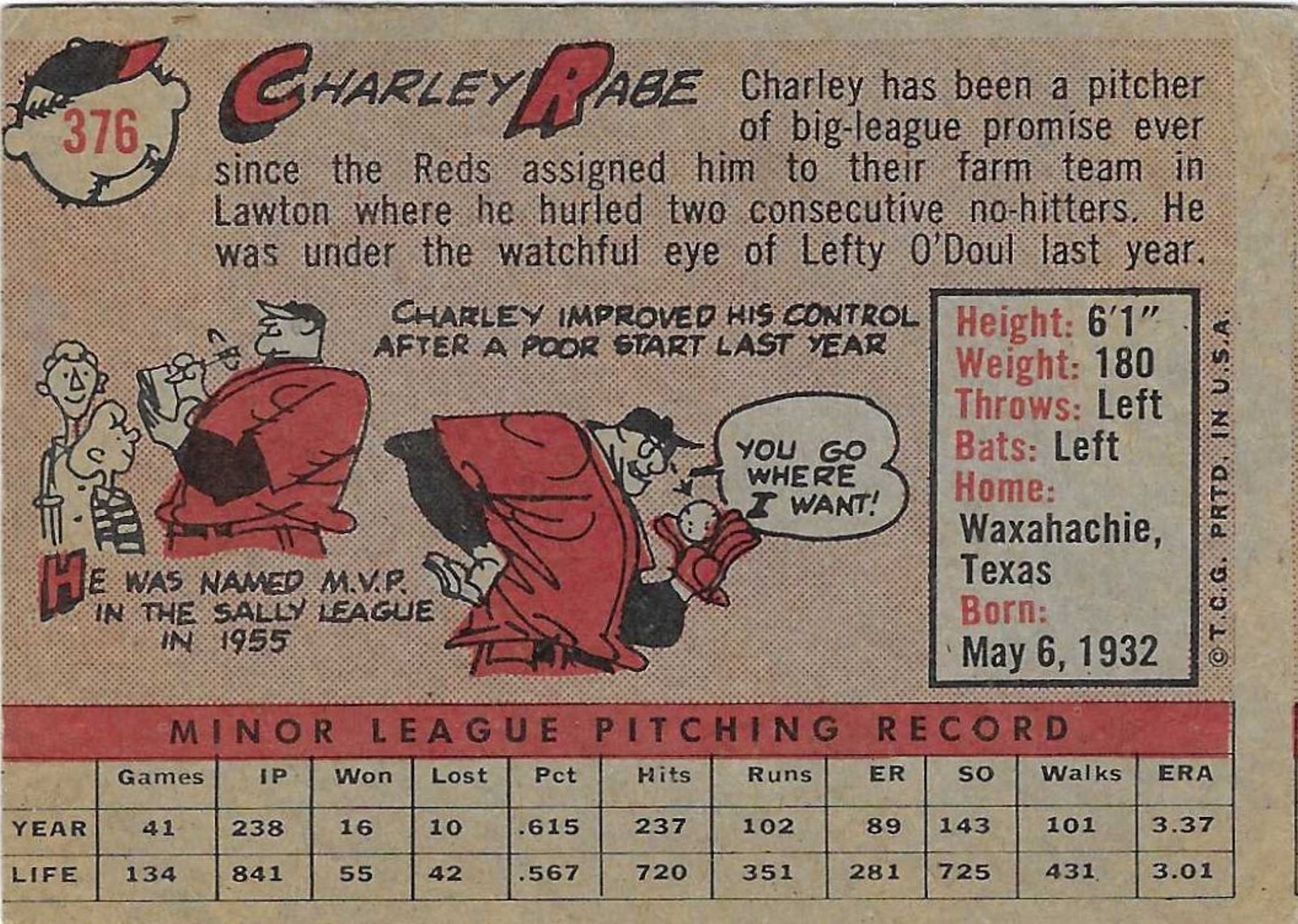 1958 TOPPS – #376 CHARLEY RABE (REDS)!! GREAT CARD!!