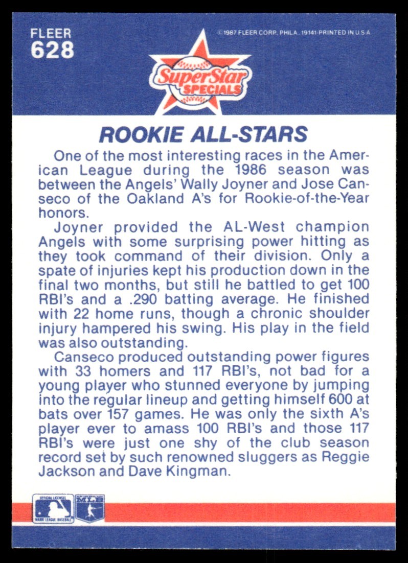 1987 Fleer Glossy Wally Joyner/Jose Canseco #628