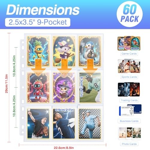60 Pack 1080P Double-Sided Trading Card Sleeves for 3 Ring Binder – Ultra-Clear