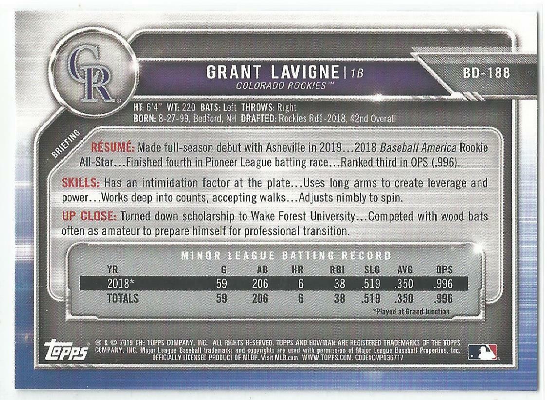 Grant Lavigne Colorado Rockies 2019 Bowman Draft