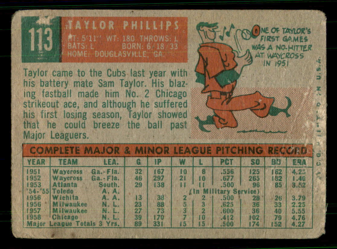 1959 Topps Baseball #113 Taylor Phillips PR (Filler) *RC1