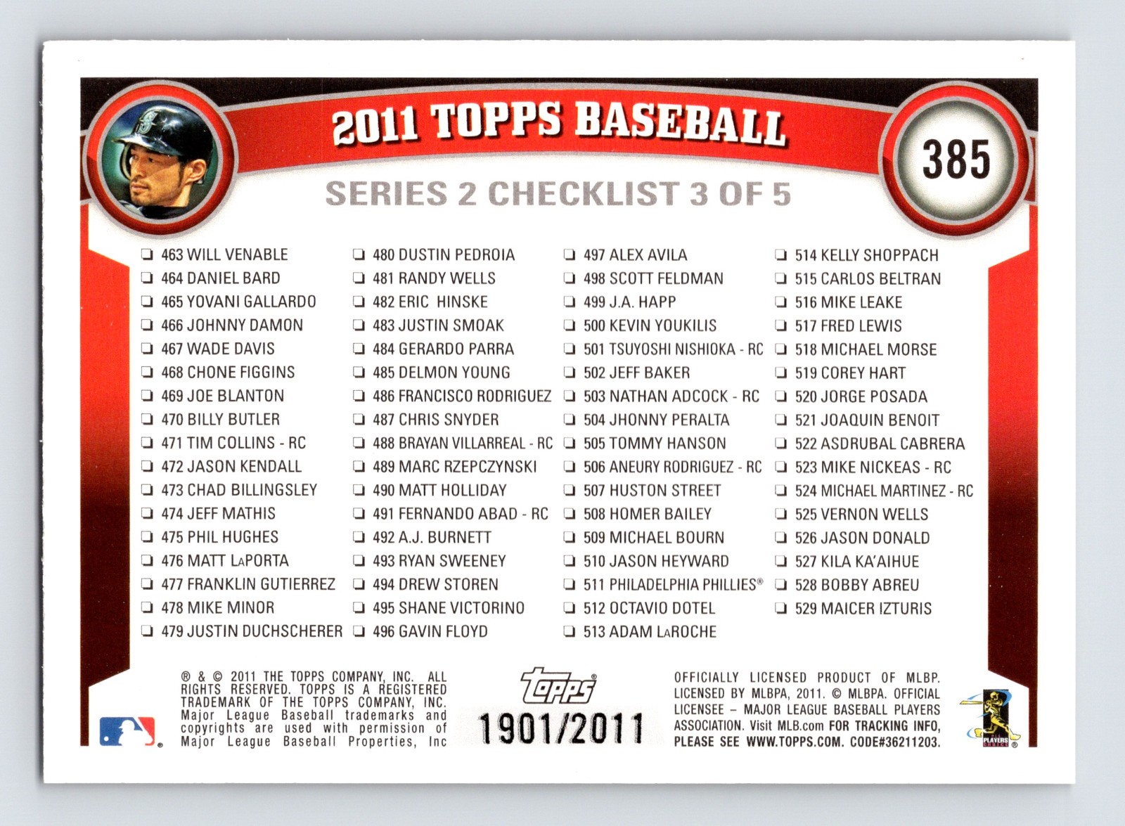 ICHIRO 2011 Topps #385 Gold #’d 1901/2011 – SEATTLE MARINERS