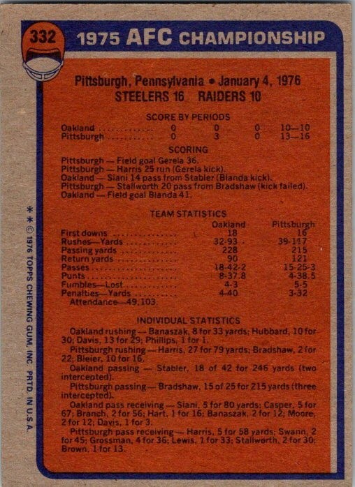 Topps 1976 Franco Harris #332 1975 AFC Championship Steelers vs Raiders