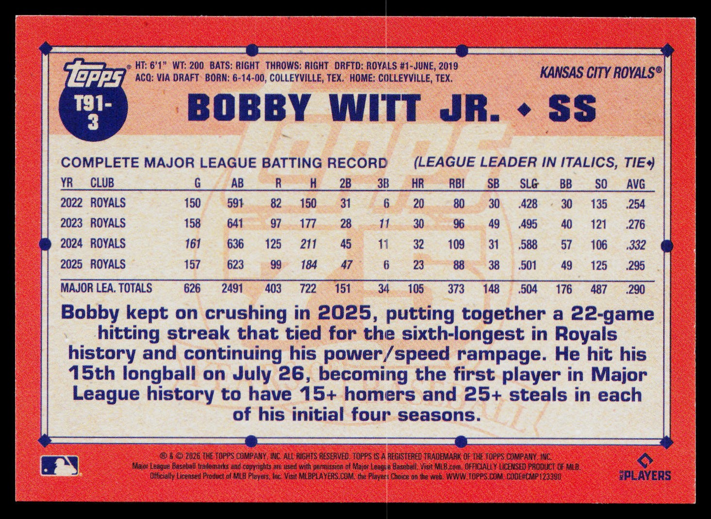 2026 Topps #T91-3 Bobby Witt Jr.