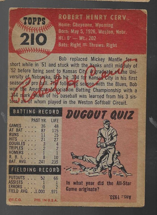 1953 Topps New York Yankees Bob Cerv #210 VG