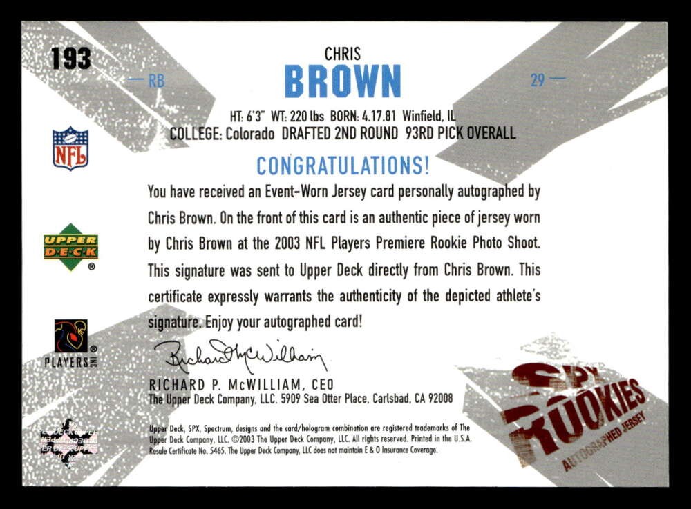 2003 SPx Chris Brown #193 Rookie Auto /1100 Tennessee Titans TV1925