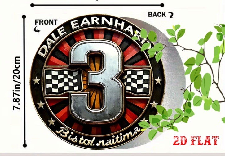 2D Flat Dale Earnhardt 3 Sign; 7.87” Round Metal Wall Decor; Mancave, Garage NEW