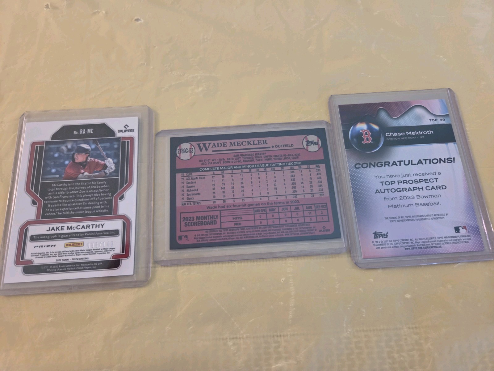 Lot of 3 Autograph MLB rookie Cards Includes McCarthy, Meckler &Meidroth.