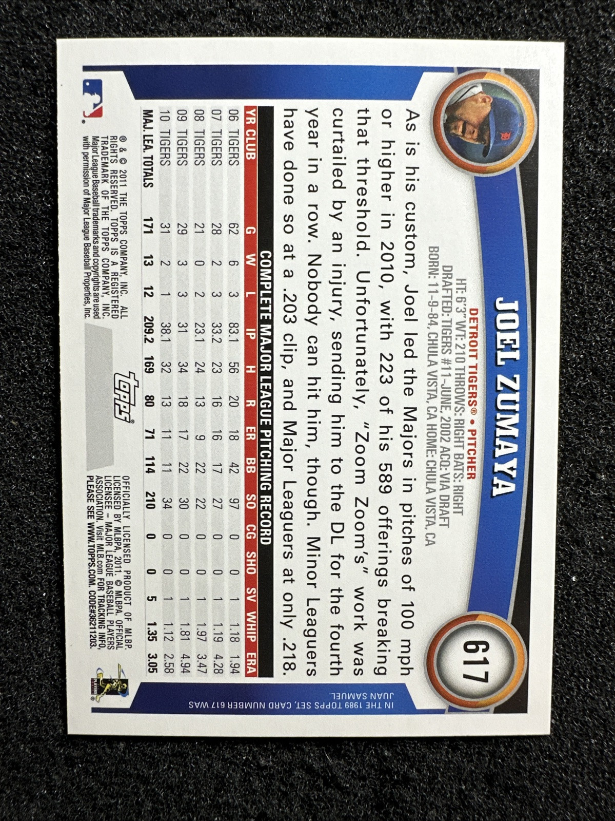 JOEL ZUMAYA #617 2011 Topps Baseball QTY Detroit Tigers