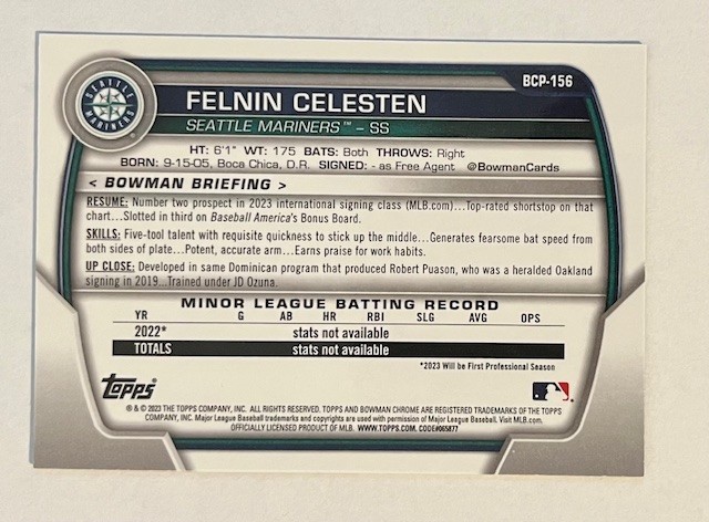 Felnin Celesten – 2025 Bowman Chrome 1st Bowman – Shimmer Refractor – Mariners