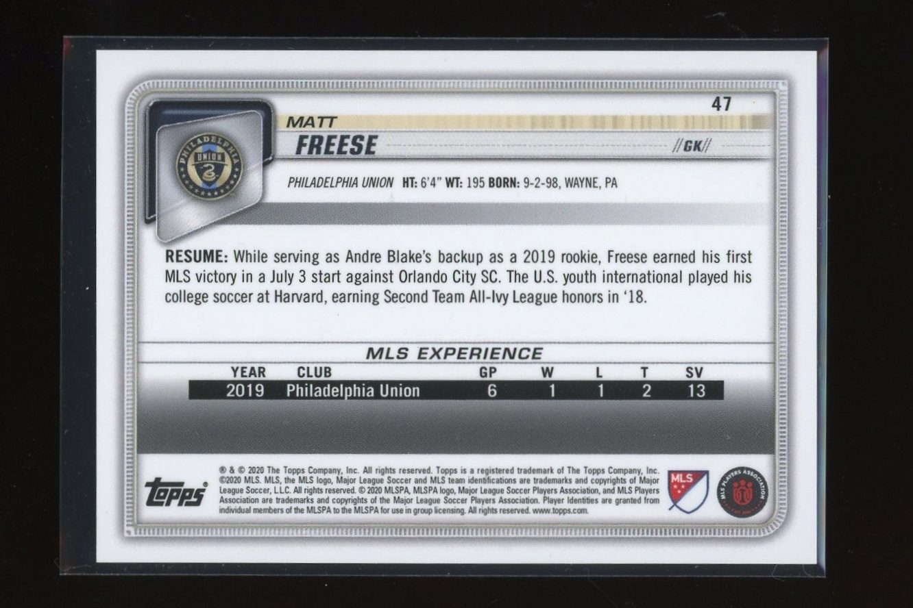 2020 Bowman MLS #47 Matt Freese Philadelphia Union RC Rookie USA NYCFC Topps