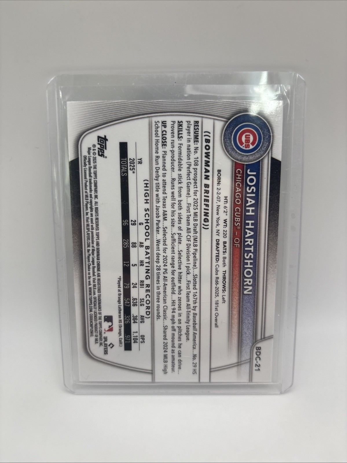 2025 Bowman Draft Chrome 1st Base Josiah Hartshorn Cubs BDC-21