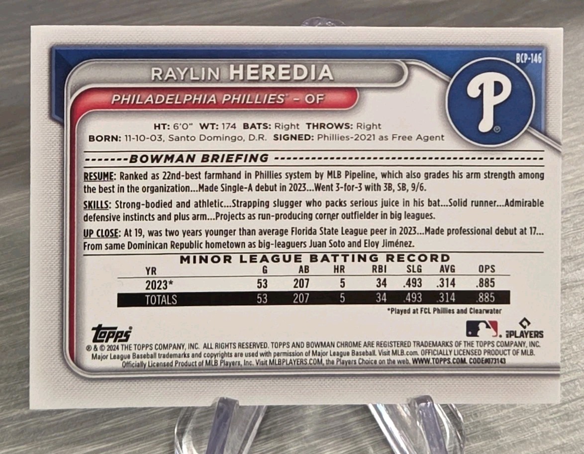 Raylin Heredia 2024 Bowman Chrome Purple Refractor /250 1st #BCP-146 Phillies