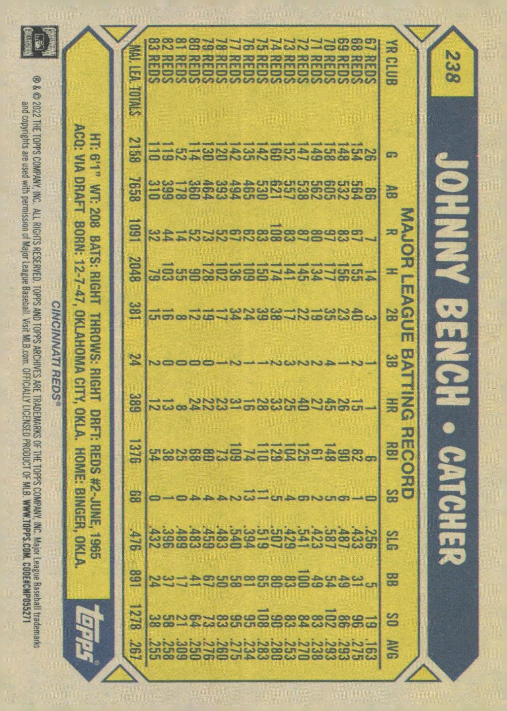 2022 Topps Archives #238 – Johnny Bench Cincinnati Reds