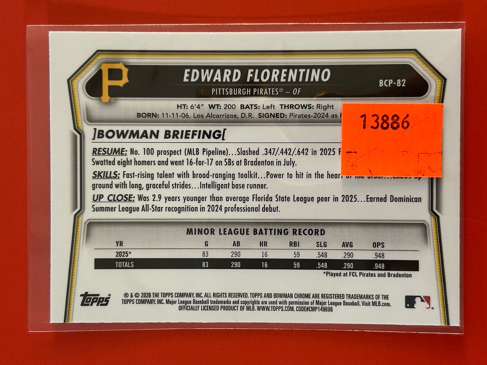 Edward Florentino 2026 Bowman Chrome 1st (RC,SP) Mojo Refractor #BCP-82 Pirates