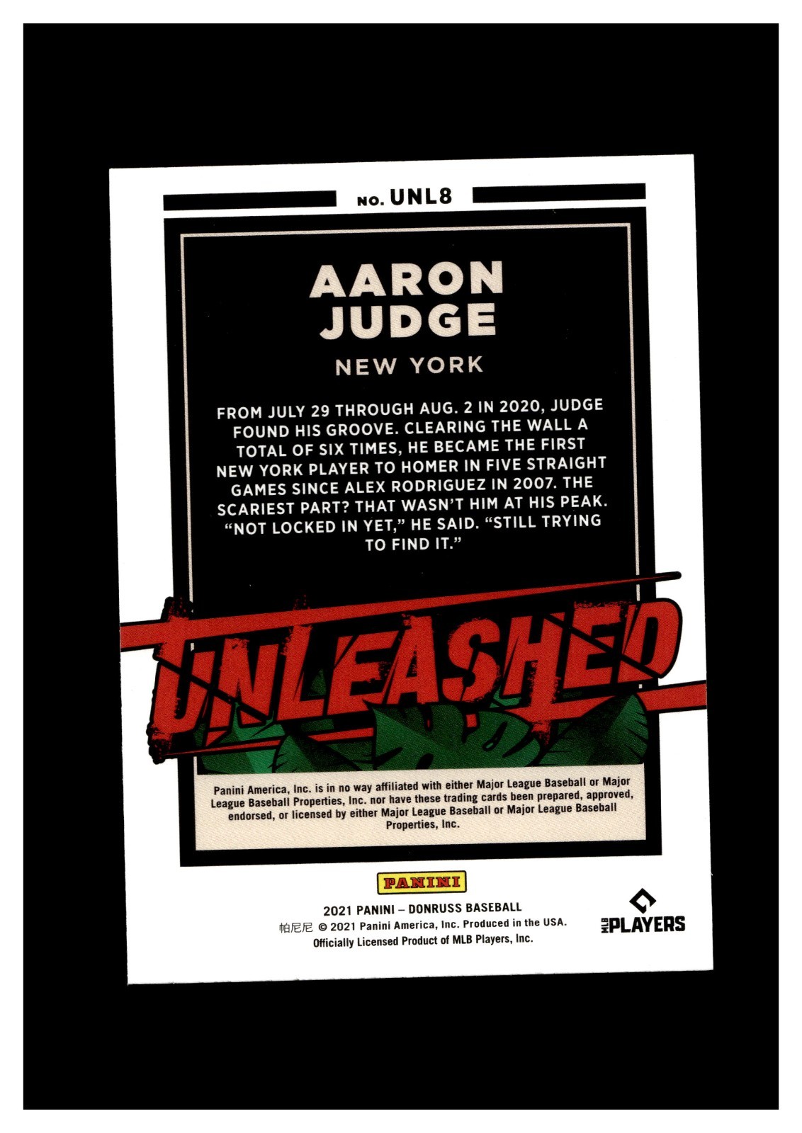 2021 Panini Donruss Unleashed Rapture #UNL-8 Aaron Judge New York Yankees