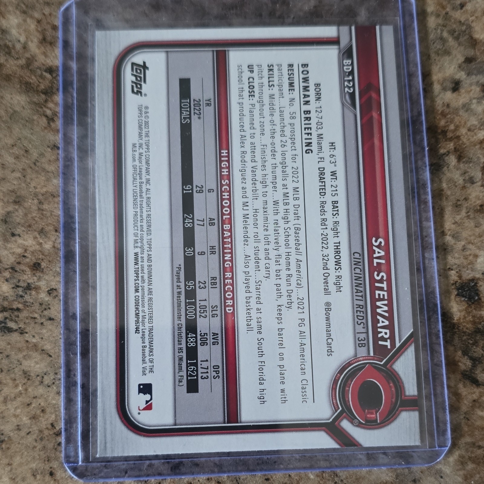 Topps 2022 Bowman Draft 1st Edition Prospect Sal Stewart Reds BD-122 Sky Blue