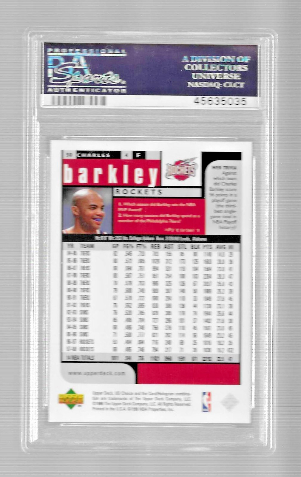 1998 UD CHOICE BASKETBALL CARD #50 HOF CHARLES BARKLEY PSA 10 POP 7 ROCKETS