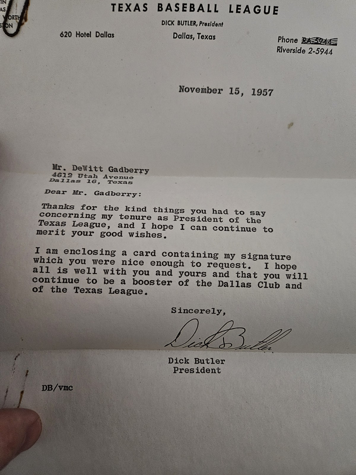 Texas Baseball League Letter Signed 1957