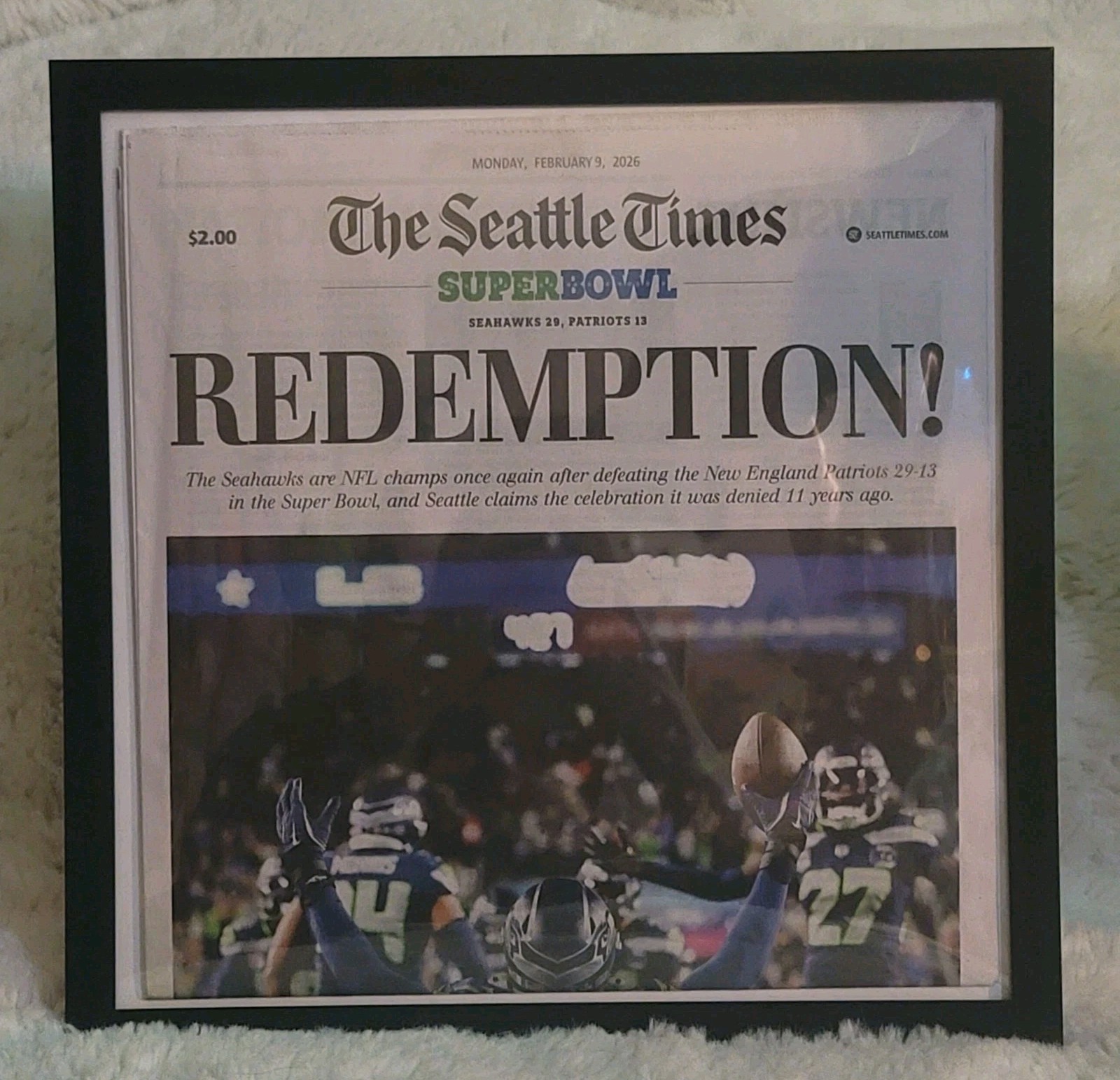 FRAMED SEATTLE SEAHAWKS FULL NEWSPAPER SUPER BOWL WIN HISTORY 2/9/2026