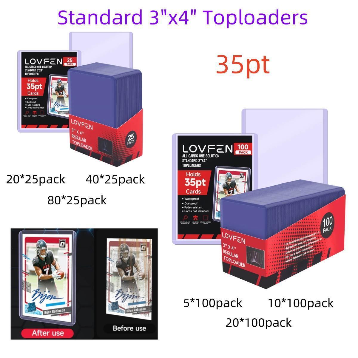 100/200/500/1000/2000ct Regular 3×4 Toploaders For Standard 35pt Trading Cards