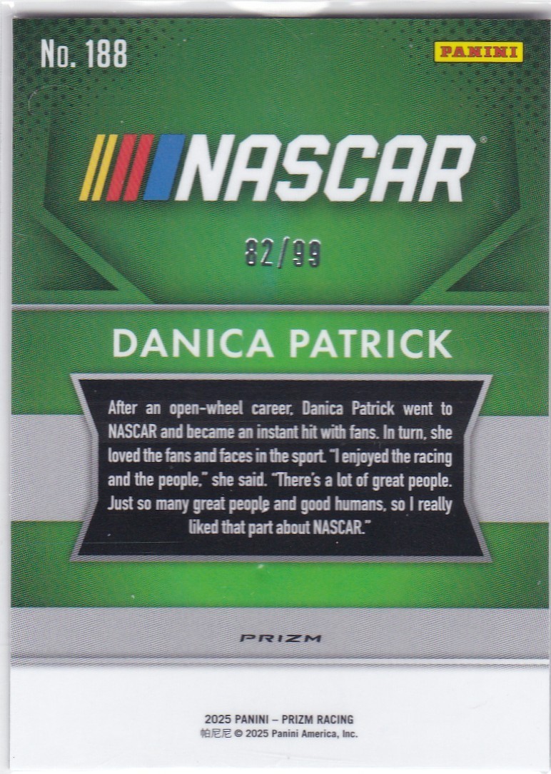 2025 PANINI PRIZM RACING DANICA PATRICK LOT OF 2 #188 CARD #’D 031/149 & 02/99