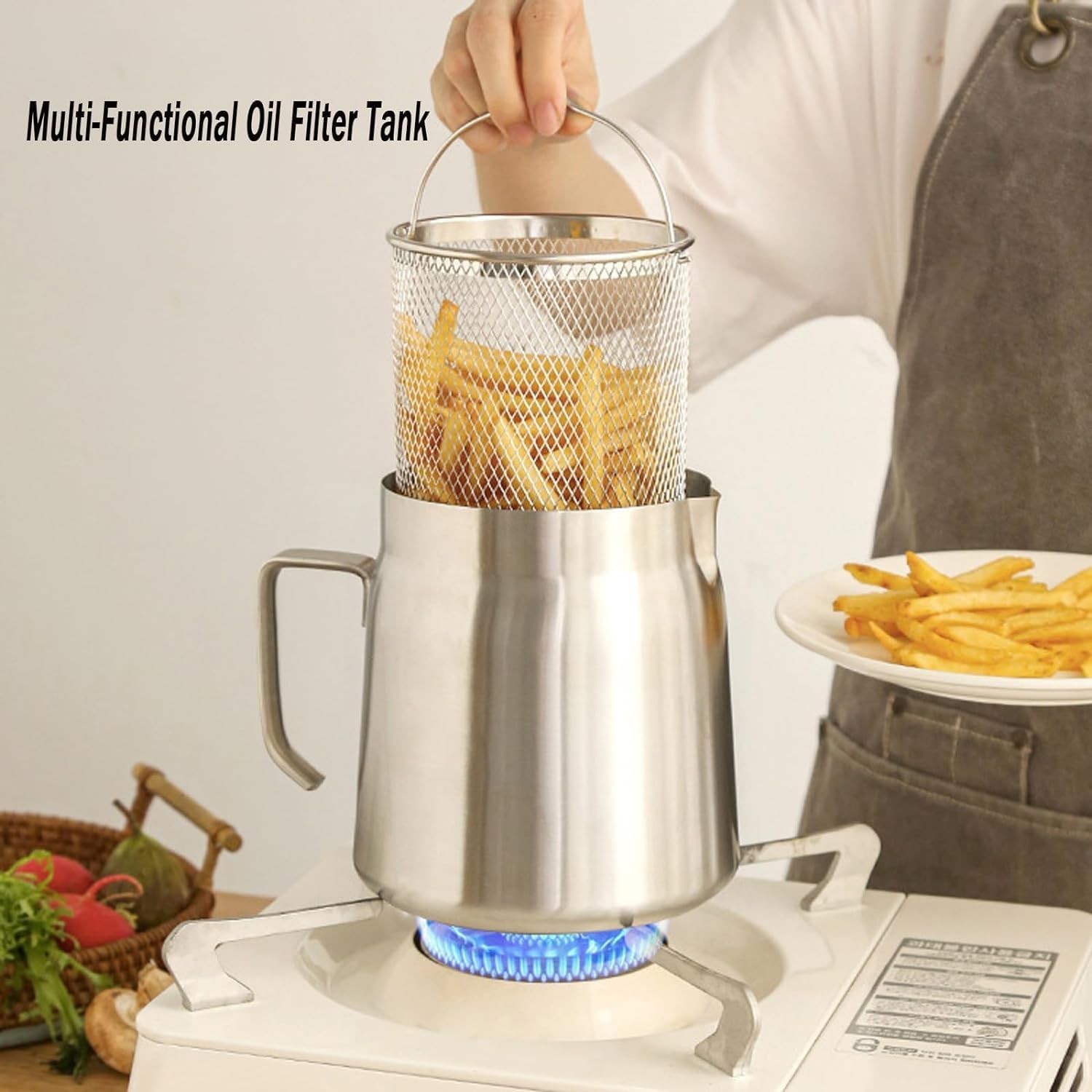 50oz 304 Stainless Steel Deep Fryer Pot with Basket & Strainer, Large Capacity